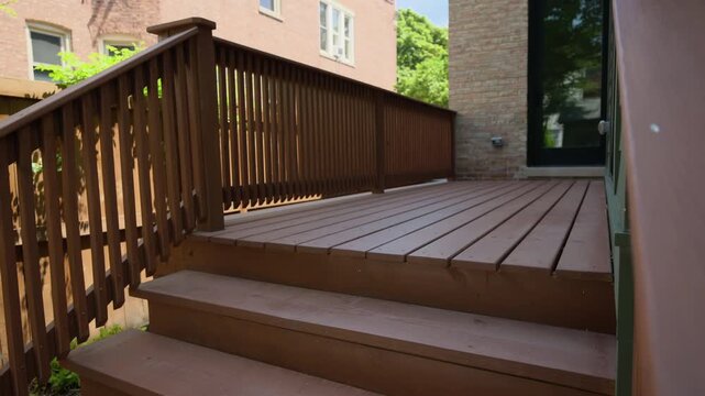 Element of the residential exterior, wooden deck stairs after the repair, slow move wide camera shot