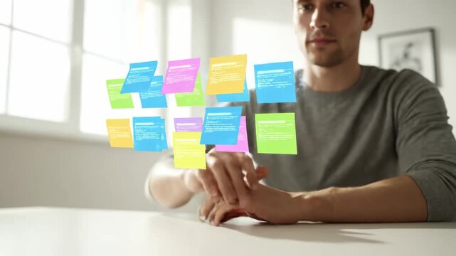 Remote worker using hologram sticky notes system cinematic UHD handheld AI future workplace stock footage. distant employee augmented reality memos artificial intelligence tomorrow