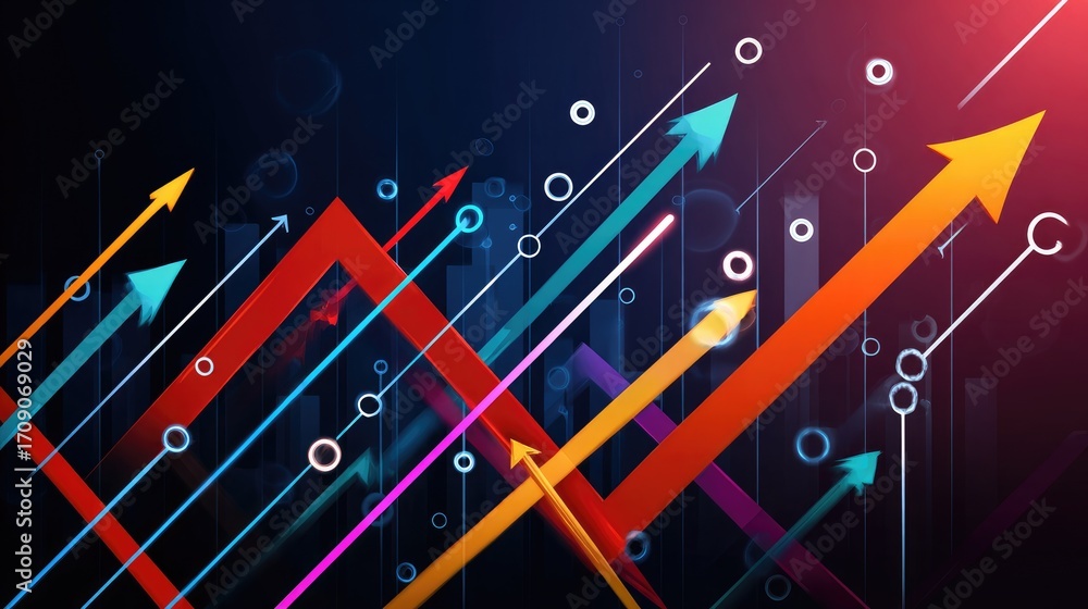 Poster A dynamic and colorful abstract design showcasing upward trends with arrows and circular elements, symbolizing growth and progress in business and finance.
