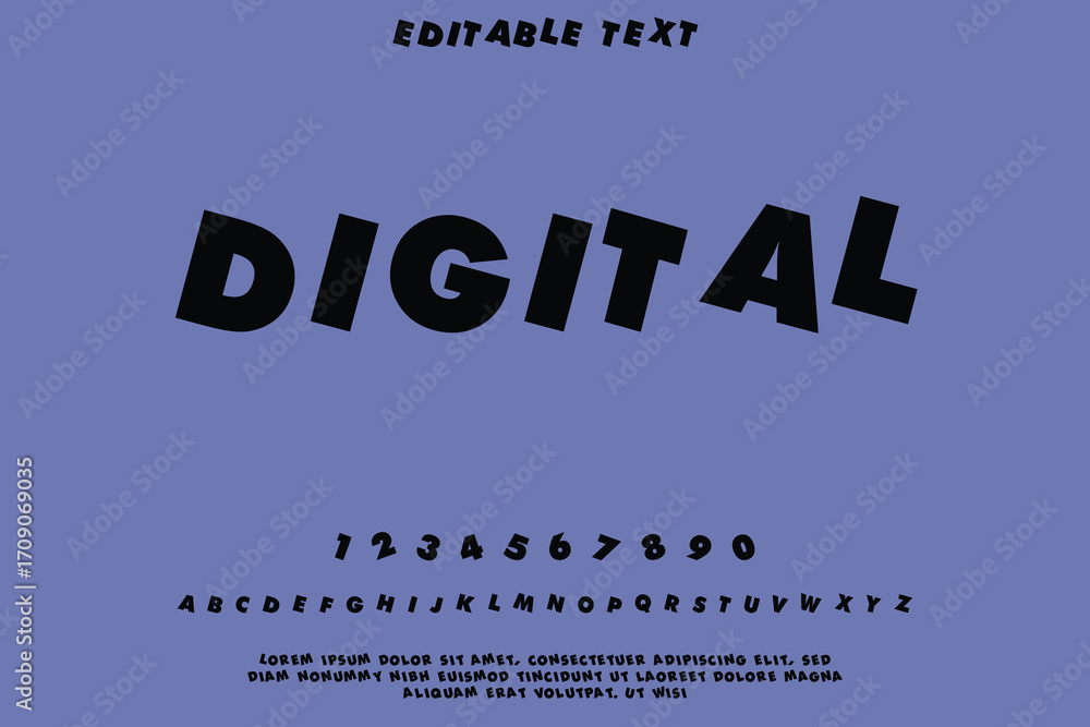 Poster bold digital font with numbers and letters on purple background