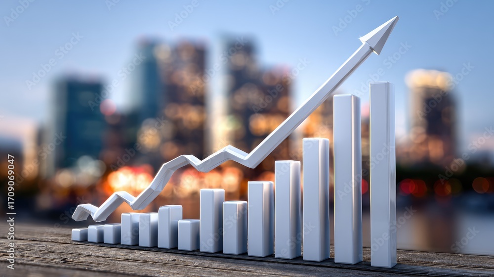 Poster a dynamic business growth chart illustrating upward trends in a vibrant urban setting. the graph fea