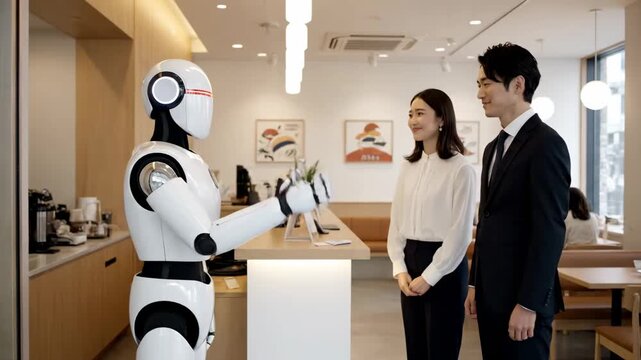 Robot greeter bowing guests Tokyo caf&eacute; cinematic UHD AI business lifestyle cultural stock footage. automaton salutation patron eatery japanese custom hi tech enterprise