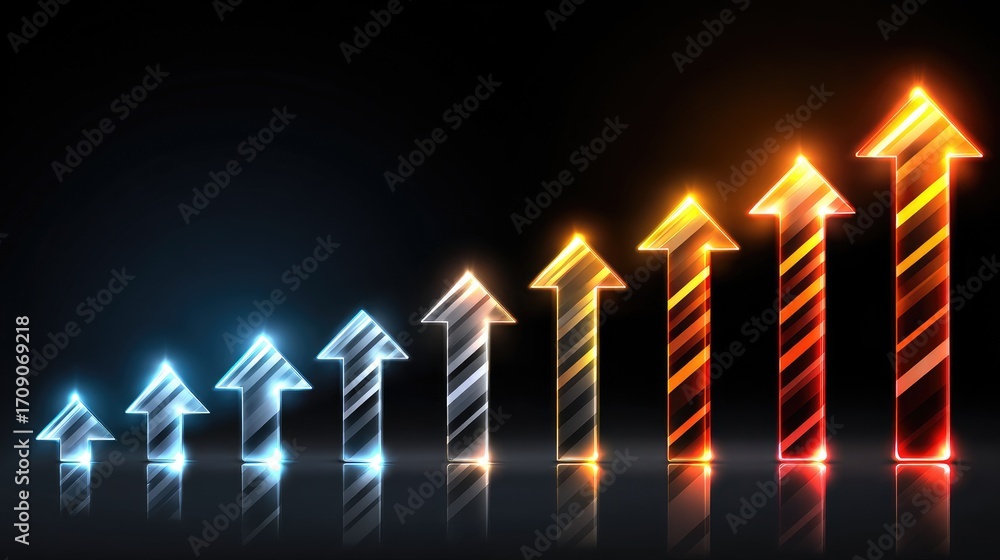 Poster A dynamic image featuring a series of stylized arrows, illustrating upward growth and progress against a dark background, perfect for concepts of success and performance.