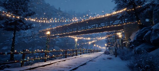 Snowy bridge adorned with festive christmas lights, creating a magical winter wonderland atmosphere at night