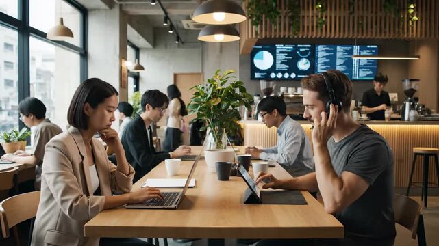 Team digital nomads working Tokyo caf&eacute; coworking cinematic UHD future workplace Asia stock footage. group remote worker japanese bistro shared office visionary uhd workspace