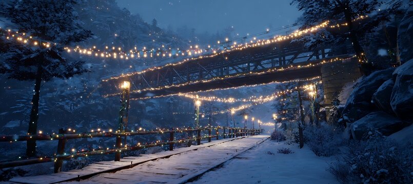 Snowy bridge adorned with festive christmas lights, creating a magical winter wonderland atmosphere at night