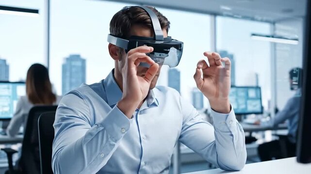 wearing AR headset reviewing digital documents cinematic UHD hybrid workplace lifestyle stock video. augmented reality visor examining electronic file modern office setting