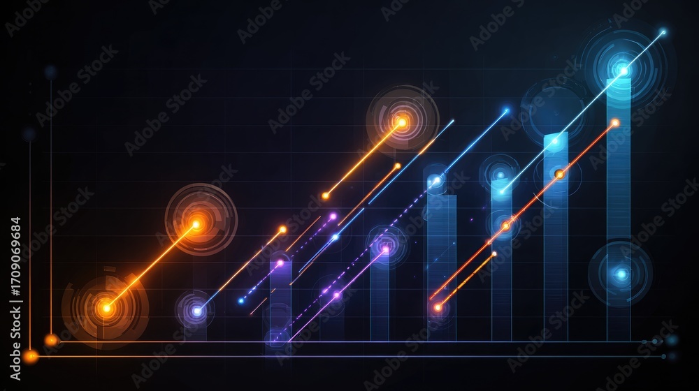Poster a modern digital graph showcasing upward trends with vibrant colors and dynamic lines, representing 