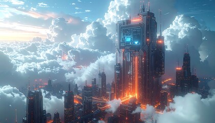 A futuristic cityscape rises amidst a sea of clouds, its towering structures illuminated by warm light