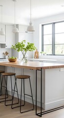 Modern White Kitchen Island with Bar Stools.
