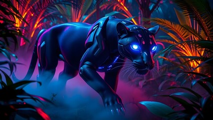 A futuristic panther with glowing blue eyes stalks through a vibrant, neonlit jungle, surrounded by lush foliage and a mysterious mist, creating a captivating scene