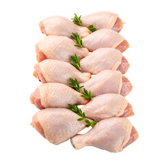 Stack of Raw Chicken Drumsticks with Rosemary Sprigs on White Background legs meat