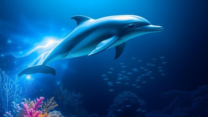 Naklejka premium A captivating dolphin gracefully swims through the deep blue ocean, surrounded by vibrant coral reefs and schools of fish, creating a mesmerizing underwater scene