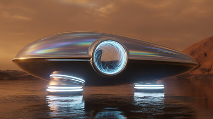 Futuristic UFO with Glowing Portal on Alien Landscape
