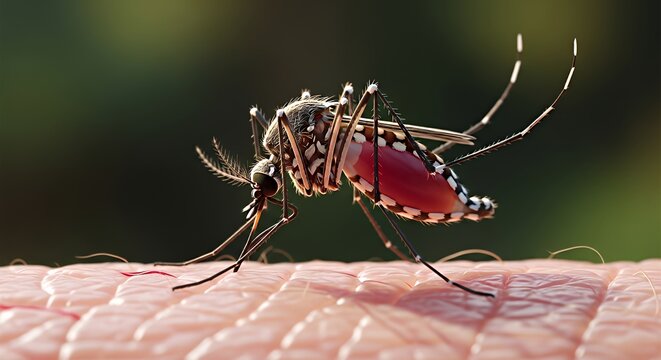 Close Up of Mosquito Biting Human Skin in Nature with Sharp Details and Bright Lighting