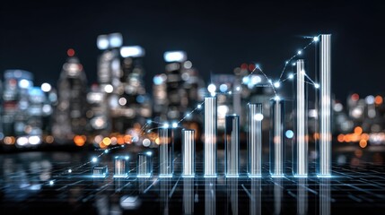 A stunning digital representation of an ascending graph over a blurred city skyline at night, symbolizing growth, success, and financial progress in a modern urban environment.