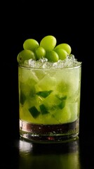 Photo of Caipiruva cocktail in a lowball glass with crushed ice, made of cachaça, lime juice, green grapes, and sugar. Refreshing, vibrant, tropical drink photography, high detail.