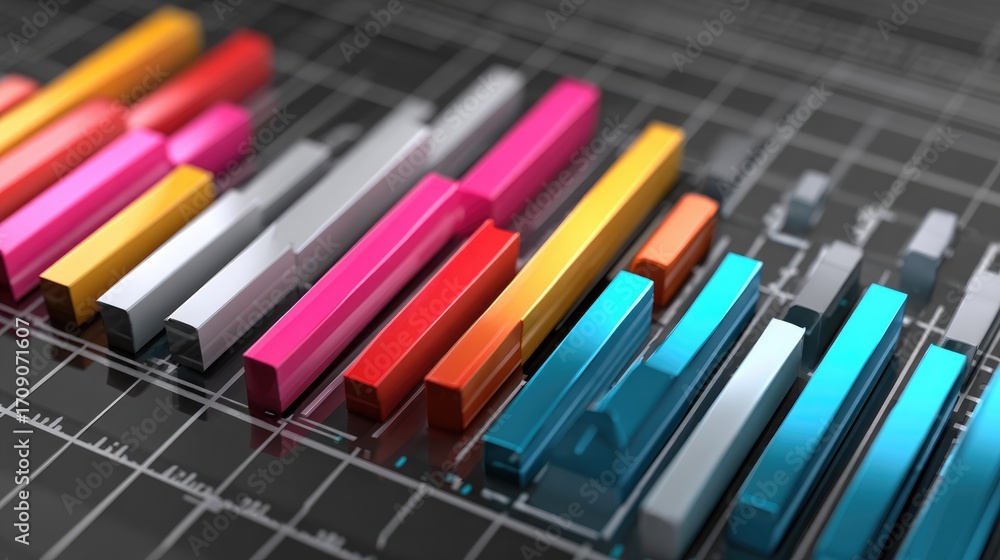 Poster a vibrant bar chart displaying multicolored bars on a dark grid background. this image symbolizes da