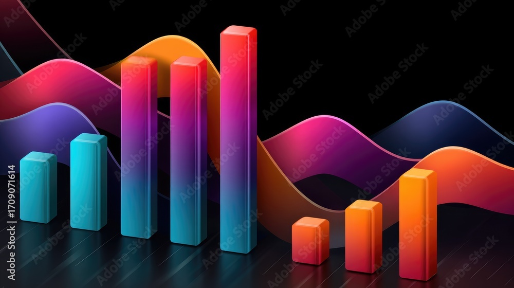 Poster a vibrant, abstract representation of data visualization with colorful bar graphs and smooth curves,