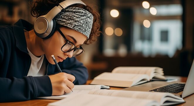 Person with headphones studying books and laptop student