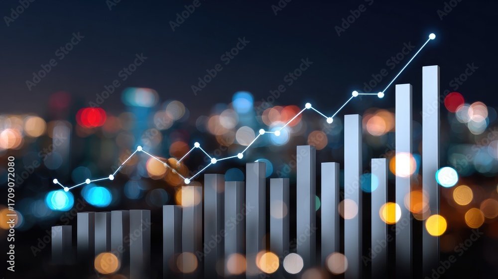 Aufkleber an abstract representation of financial growth with bar graphs and line charts against a blurred cit
