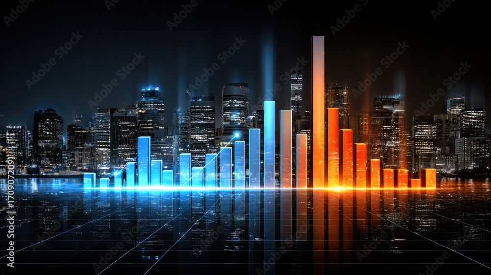 Poster An abstract representation of growth and progress, featuring dynamic bar graphs in vibrant colors against a city skyline. Ideal for conveying data-driven concepts and innovation.