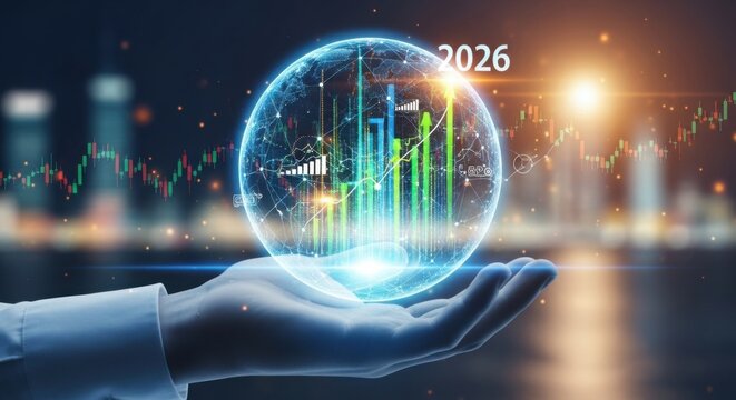 Futuristic Hand Holding Digital Globe with Growing Charts and 2026 in Bright Technology Style