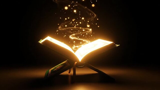 The ancient Holy book Quran glows with divine light and magical energy, illuminating the darkness with hope.