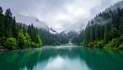 View of pine trees and lake covered in thick fog in the lake area