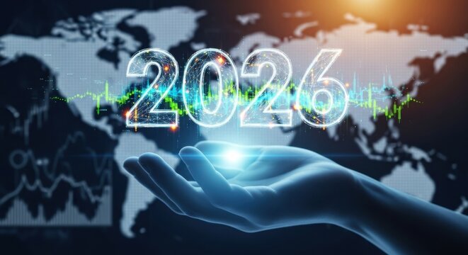 Futuristic Hand Holding Digital Year 2026 with World Map and Data Lines