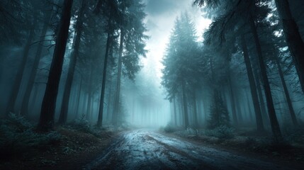 Obraz premium Foggy forest path at dusk nature scene realistic photography mysterious atmosphere serene environment gigapixel detail