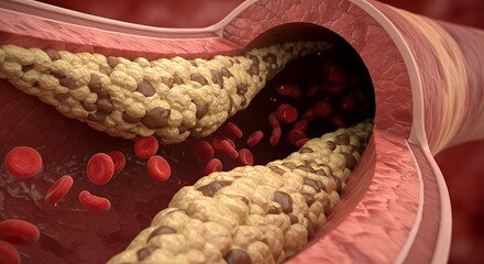 Detailed Illustration of Artery Blockage with Cholesterol Buildup and Red Blood Cells in Cross Section