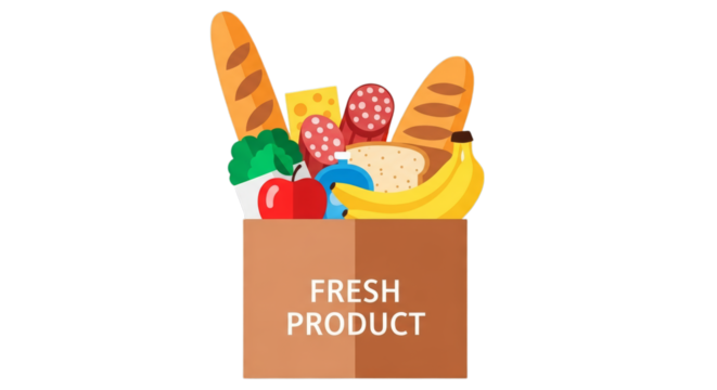 Grocery bag filled with assorted food items isolated on a transparent background bread banana