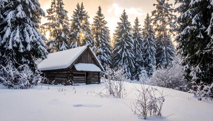 Winter cabin nestled in a snowy forest at sunrise