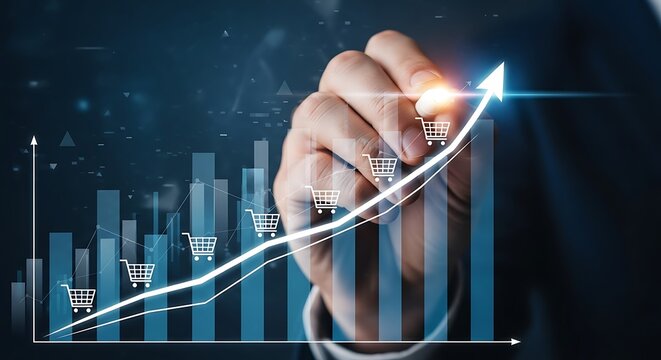 Hand draws upward sales graph with shopping carts business