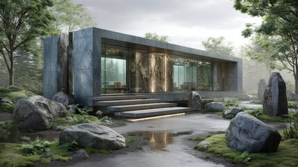 Contemporary glass pavilion design in serene nature architectural photography modern aesthetics outdoor environment elevated perspective