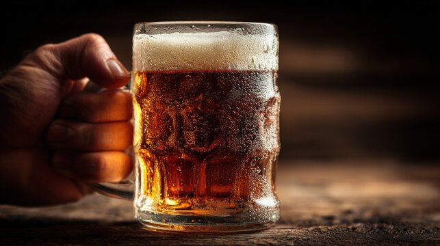 Close-up of a hand holding a cold glass of beer covered in condensation droplets, highlighting refreshment and beverage enjoyment in natural light.