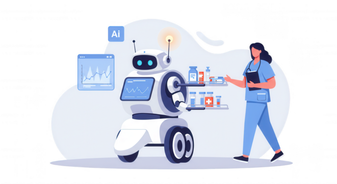 Ai Medical Robot Assisting Nurse with Supplies and Patient Data