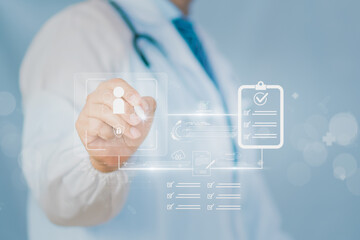 Concept e-signature compliance healthcare, showing doctor using digital checklist, secure data...