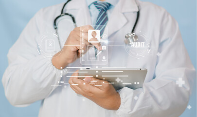 Concept e-signature compliance in healthcare, showing doctor using tablet, secure audit interface, symbolizing patient consent, legal verification, data protection, efficient medical documentation.