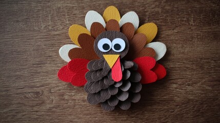 A handcrafted paper turkey next to a vibrant red heart on a white background, perfect for Thanksgiving or love-themed designs and holiday decorations.