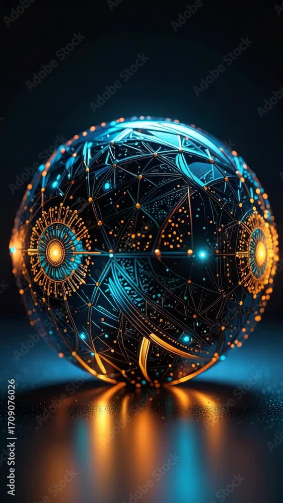 Poster complex network of interconnected nodes forming a sphere in a futuristic digital design with glowing