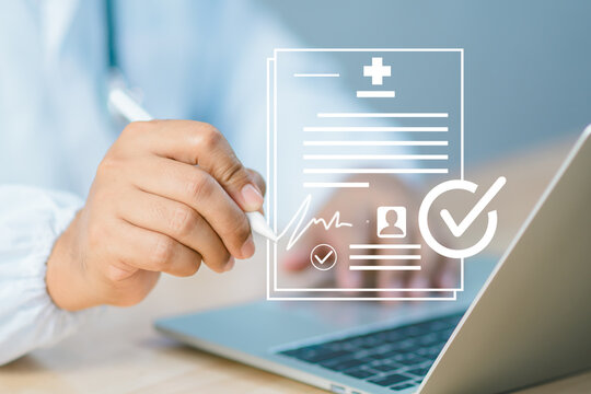 E-signature compliance in healthcare shows doctor signing secure digital consent form on laptop, symbolizing patient approval, audit readiness, legal verification, efficient data protection workflow. - Powered by Adobe