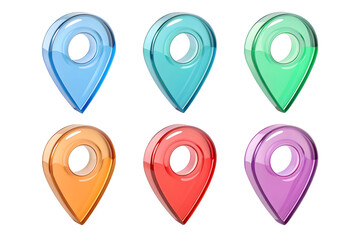 3D colorful map pin icons glossy location markers isolated on transparent background
