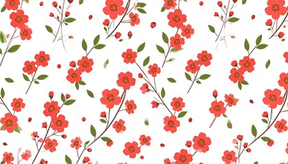 Delicate floral pattern with small, red blossoms on light-green stems against a white backdrop