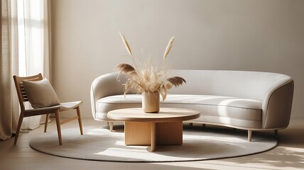 wooden chair with a cushion, a curved modern sofa, a minimalist wooden coffee table, and a vase with dried flowers, created with generative ai