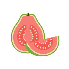 Vibrant pink guava fruit, perfectly sliced to reveal its fresh, juicy interior and edible seeds, an exotic and healthy tropical delight