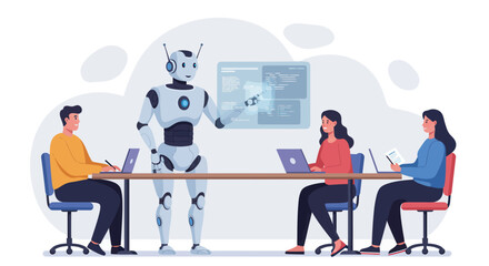 Man Working with Ai Robot Partner at Desk in Tech Workplace