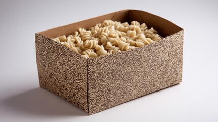 Box of Raw Fusilli Pasta on a White Background with Elegant Decorative Design