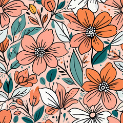 Delicate floral pattern with coral, white, and teal flowers and leaves creating a seamless and modern design, perfect for backgrounds, textiles, or elegant stationery projects